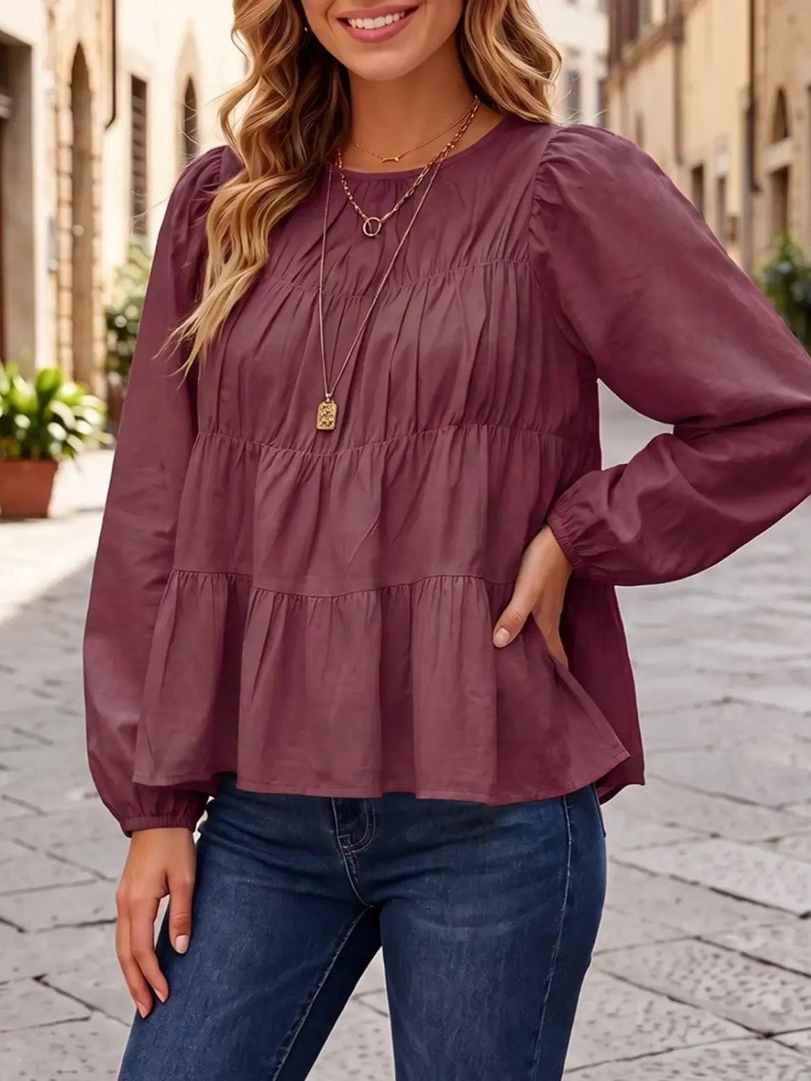Women's Puff Long Sleeve Pleated Peplum Babydoll Blouse