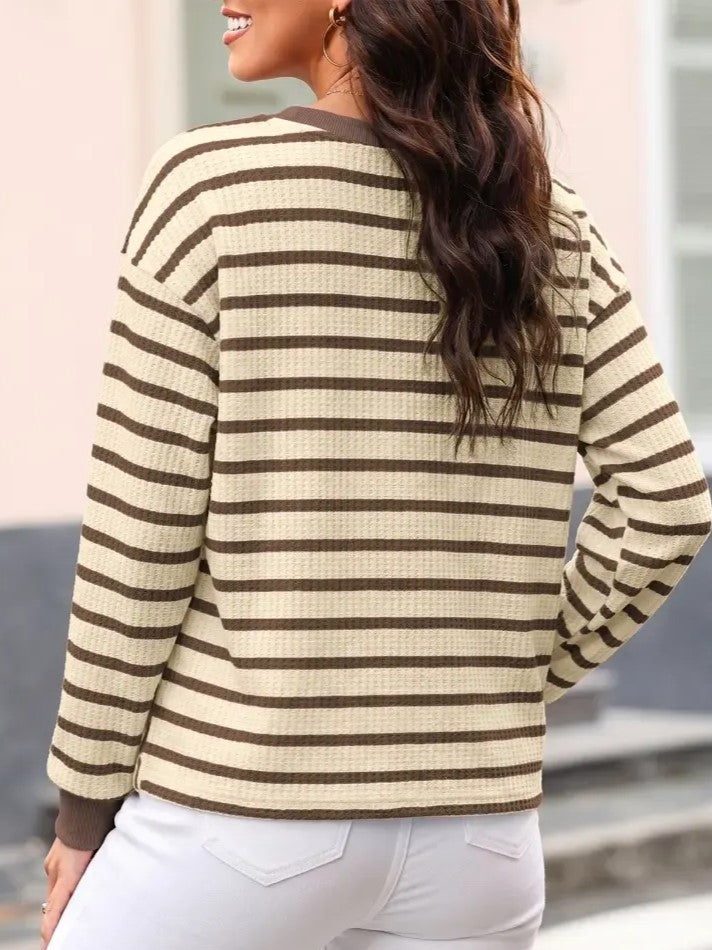 Women's Waffle Knit Striped Notch Neck Long Sleeve Top