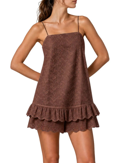 Women's Eyelet Spaghetti Strap Ruffle Romper