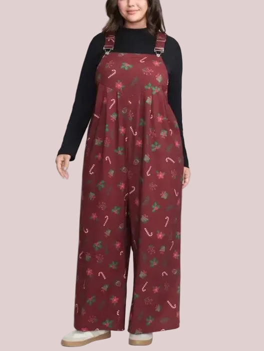 Women's Holiday Floral Gift Print Suspender Jumpsuit