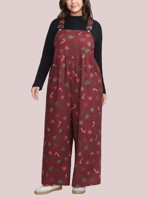 Women's Holiday Floral Gift Print Suspender Jumpsuit
