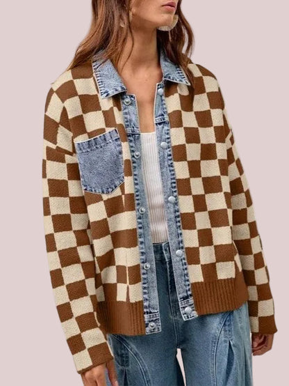 Women's Denim Collar Checkered Knit Jacket