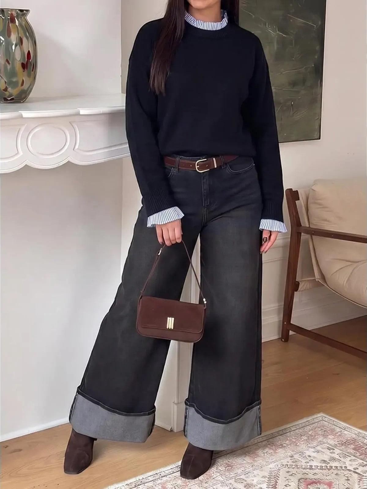 Women's Ruffle Striped Trim Crew Neck Fake Two Piece Sweater