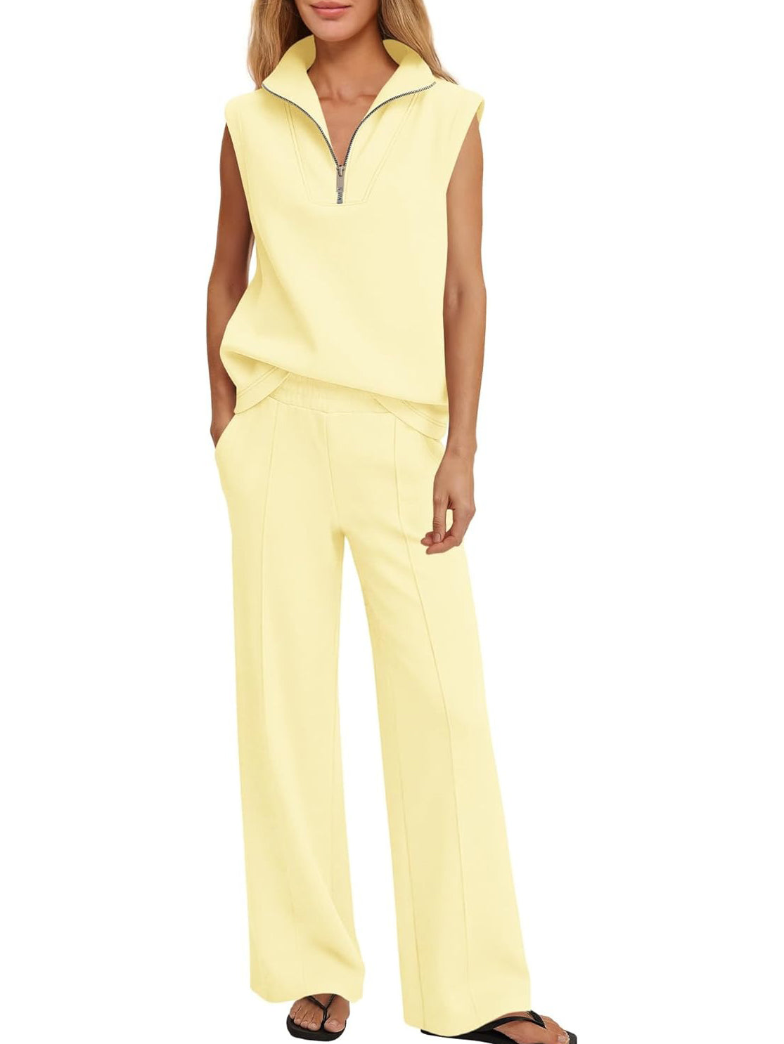 Women's Sleeveless Half Zip Top & Wide Leg Pants Set
