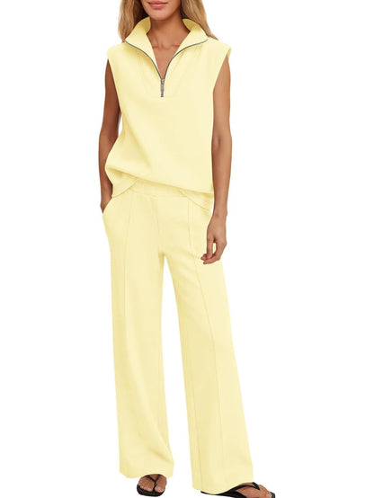Women's Sleeveless Half Zip Top & Wide Leg Pants Set