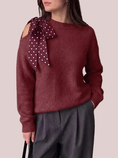 Women's Off Shoulder Polka Dot Bow Knit Sweater