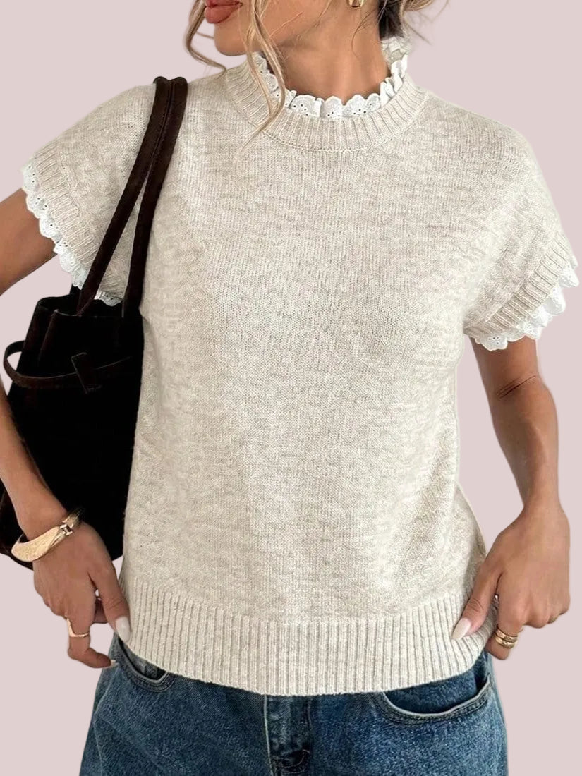 Women's Short Sleeve Lace Trim Mock Neck Knit Top