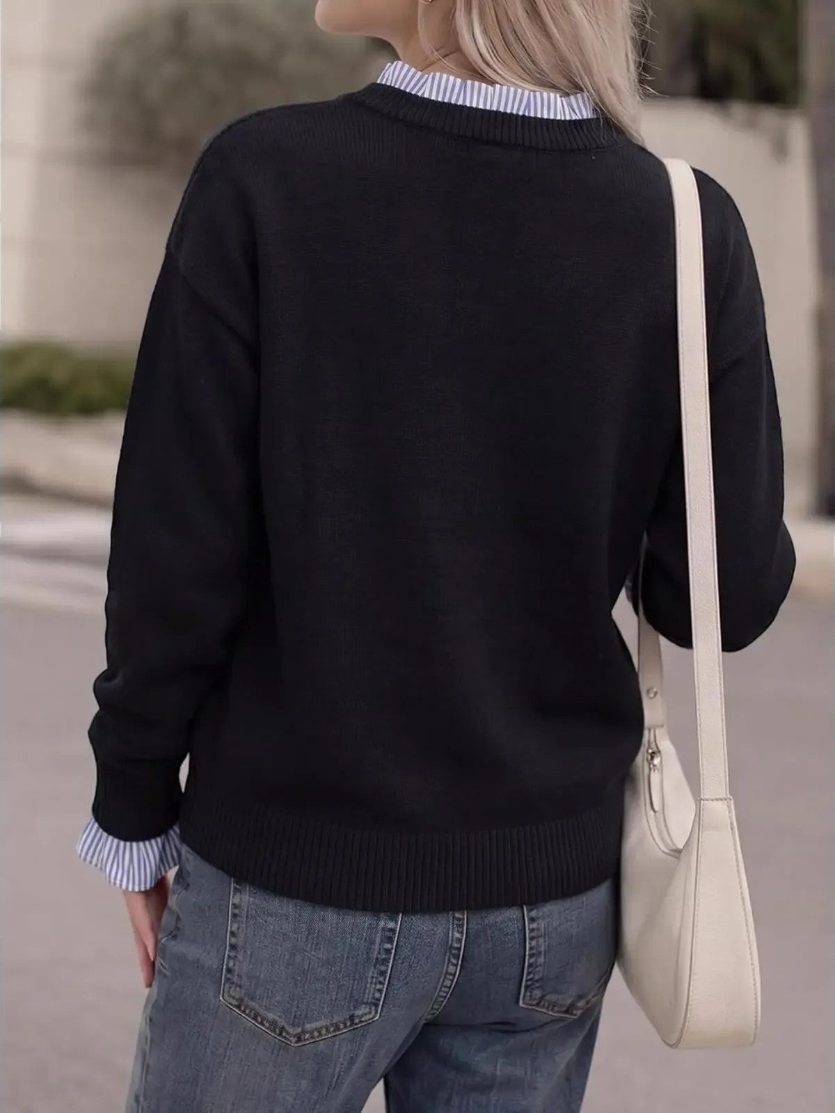 Women's Ruffle Striped Trim Crew Neck Fake Two Piece Sweater