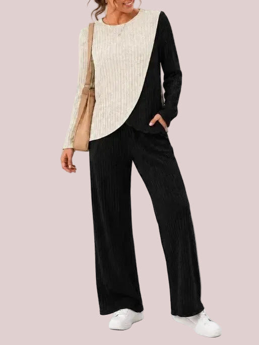 Women's Ribbed Long Sleeve Top & Wide Leg Pants Loungewear Set