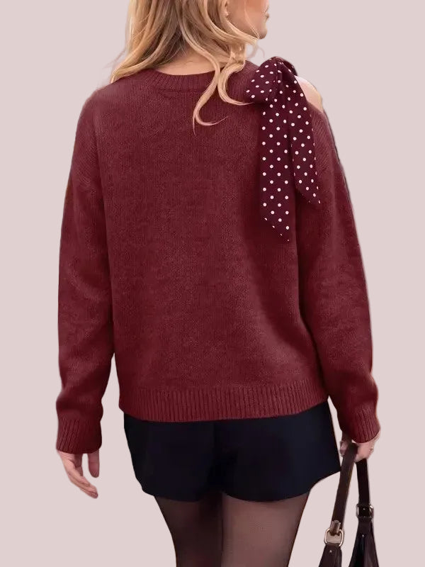 Women's Off Shoulder Polka Dot Bow Knit Sweater