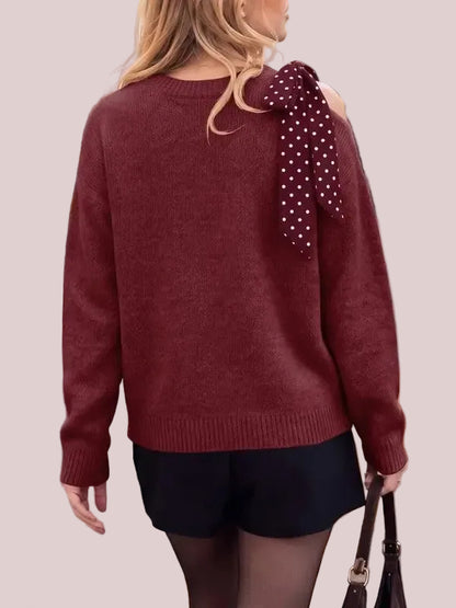 Women's Off Shoulder Polka Dot Bow Knit Sweater