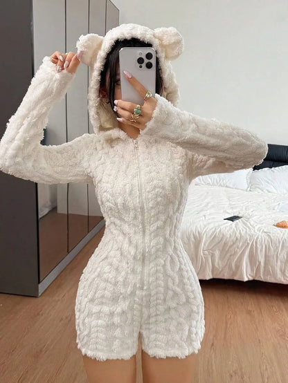 Woemn's Fuzzy Hooded Pajamas Romper