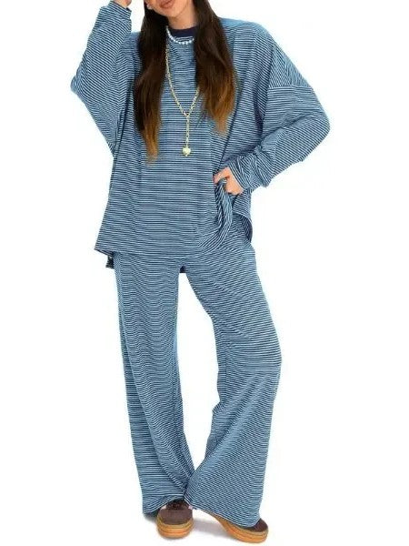 Women's Soft Slouchy Striped 2-Piece Loungewear Set