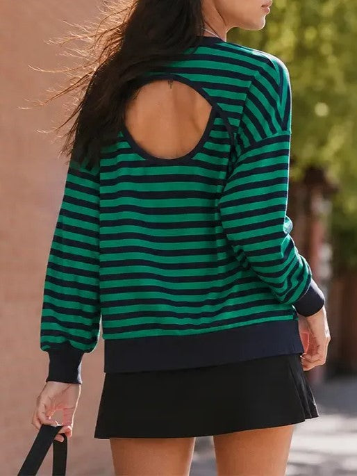 Women's Fall Striped Back Cutout Oversized Sweatshirt