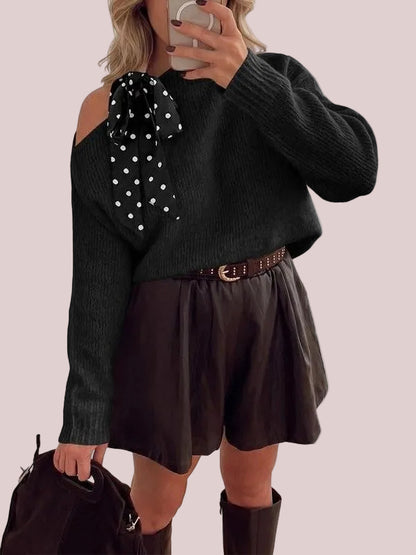 Women's Off Shoulder Polka Dot Bow Knit Sweater