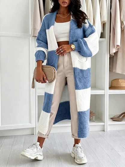 Women's Color Block Maxi Knit Cardigan With Pockets