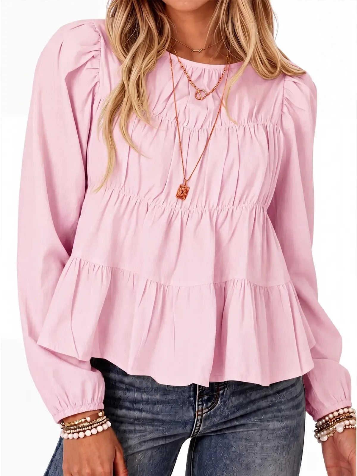 Women's Puff Long Sleeve Pleated Peplum Babydoll Blouse