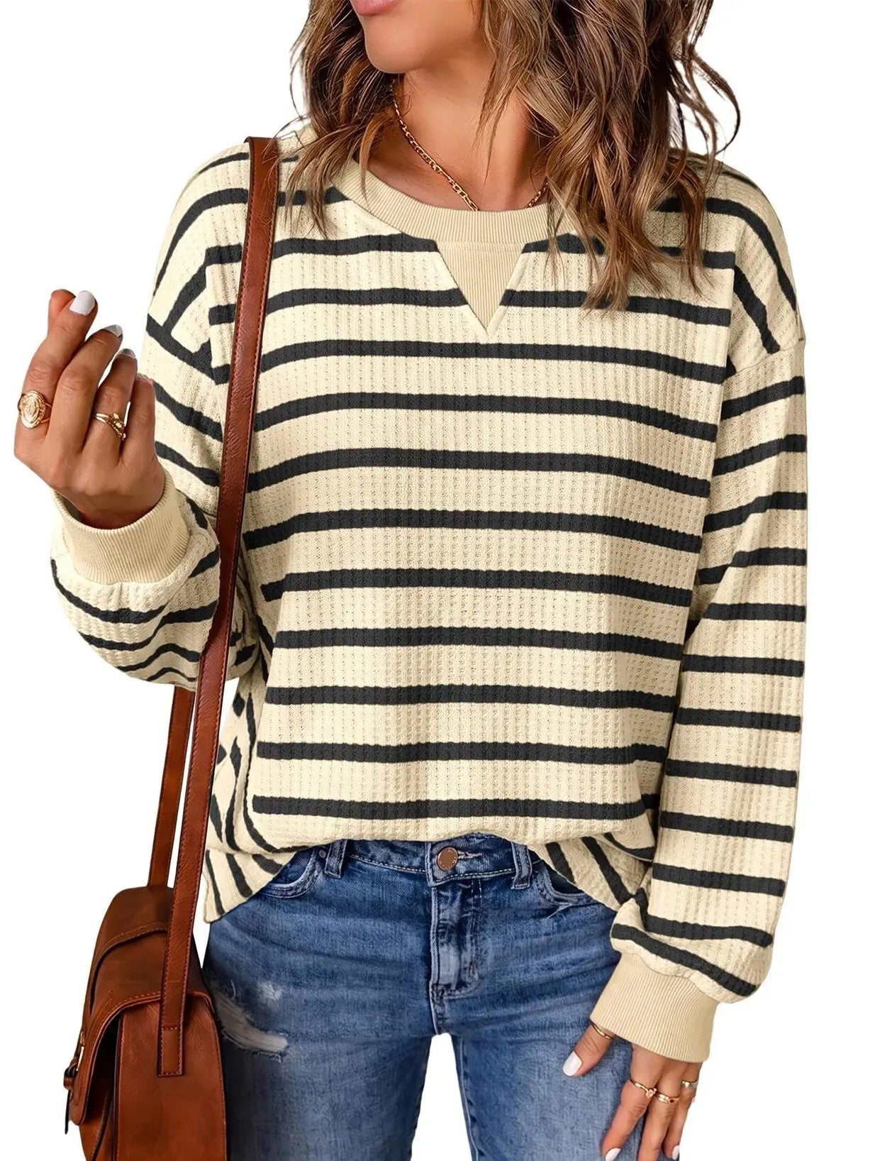 Women's Waffle Knit Striped Notch Neck Long Sleeve Top