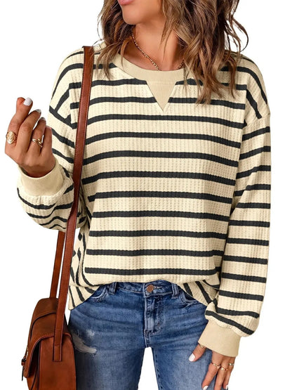 Women's Waffle Knit Striped Notch Neck Long Sleeve Top