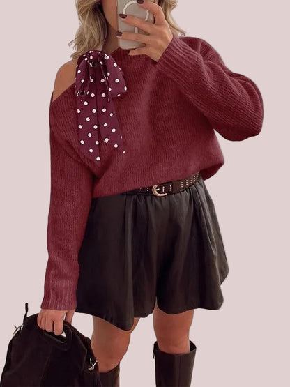Women's Off Shoulder Polka Dot Bow Knit Sweater
