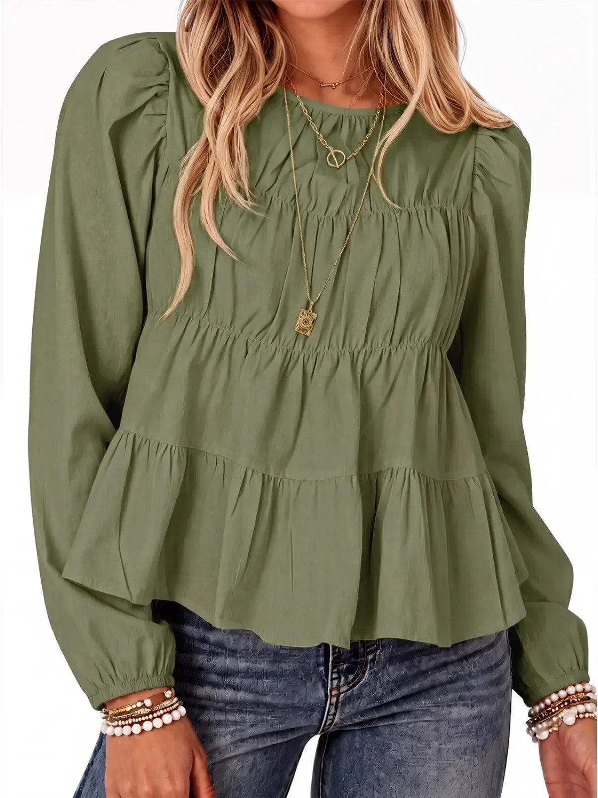 Women's Puff Long Sleeve Pleated Peplum Babydoll Blouse