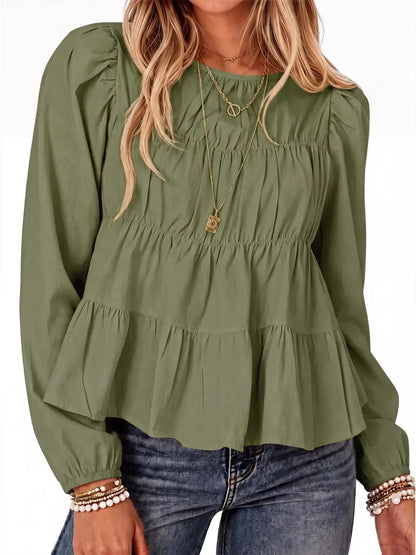 Women's Puff Long Sleeve Pleated Peplum Babydoll Blouse