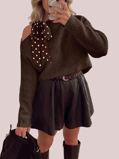 Women's Off Shoulder Polka Dot Bow Knit Sweater