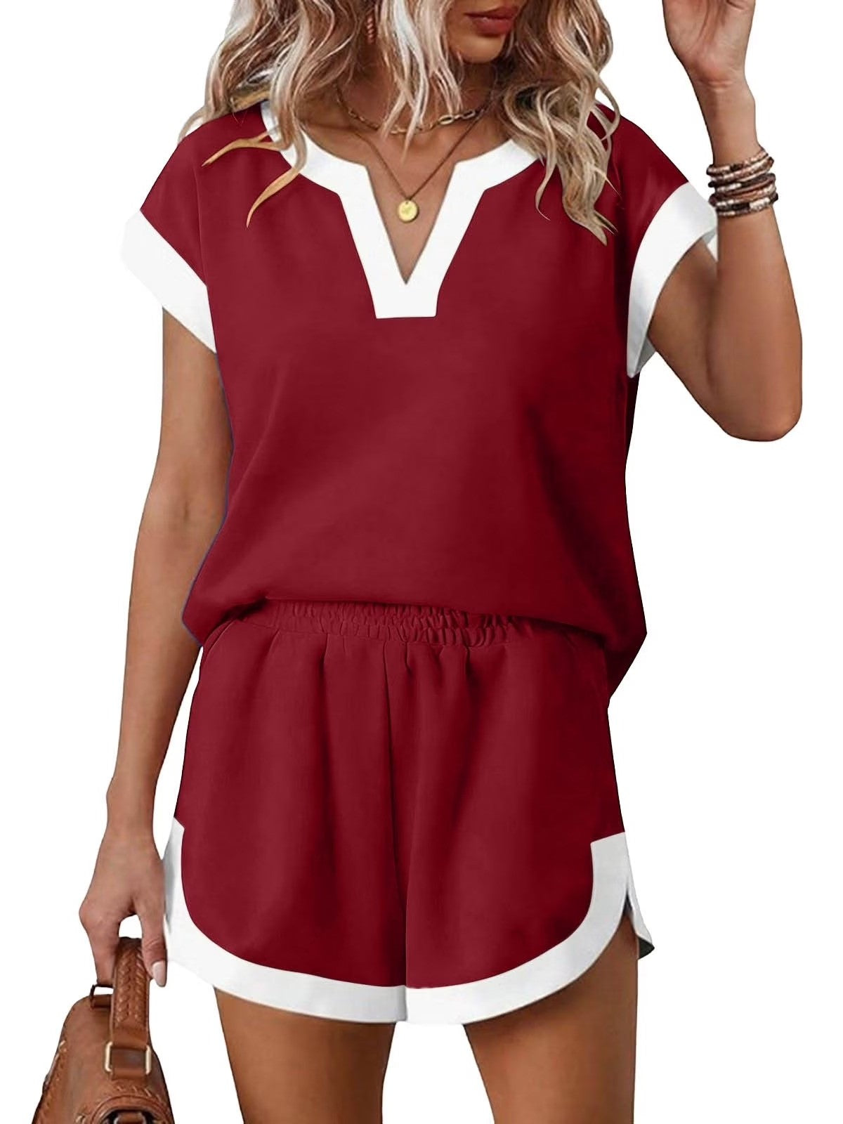 Women's Contrast V Neck Matching Short Set
