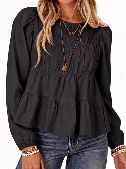 Women's Puff Long Sleeve Pleated Peplum Babydoll Blouse