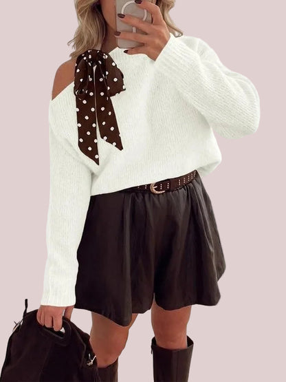 Women's Off Shoulder Polka Dot Bow Knit Sweater
