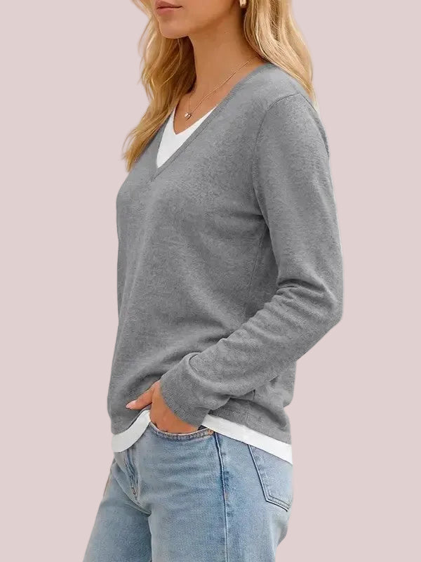 Women's V Neck Fake Two Piece Knit Sweater