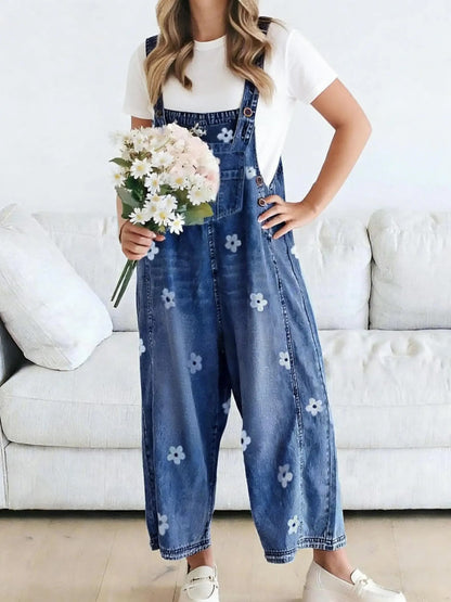 Women's Spring Style Printed Denim Overalls