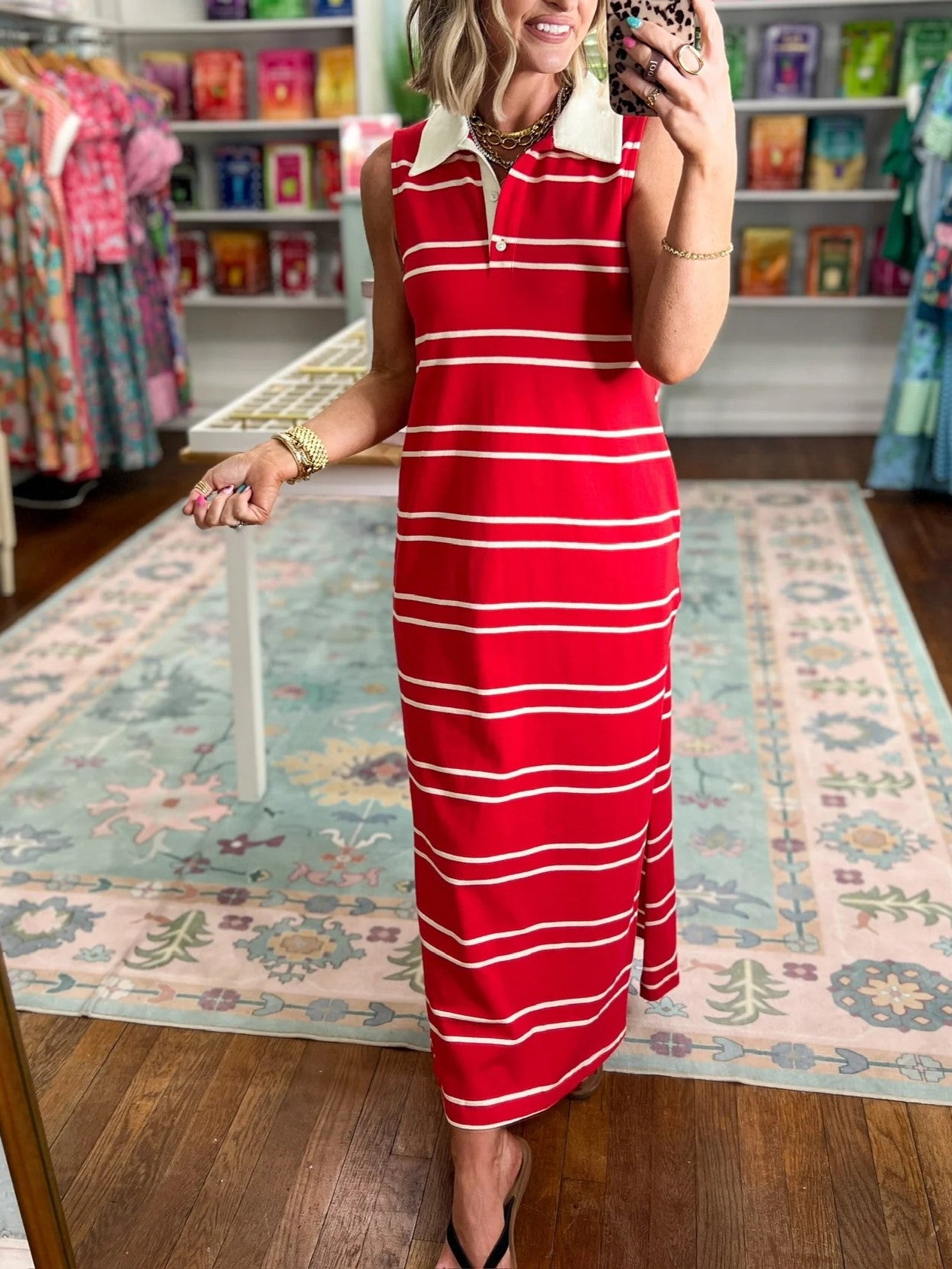 Women's Polo Collar Sleeveless Striped Long Dress