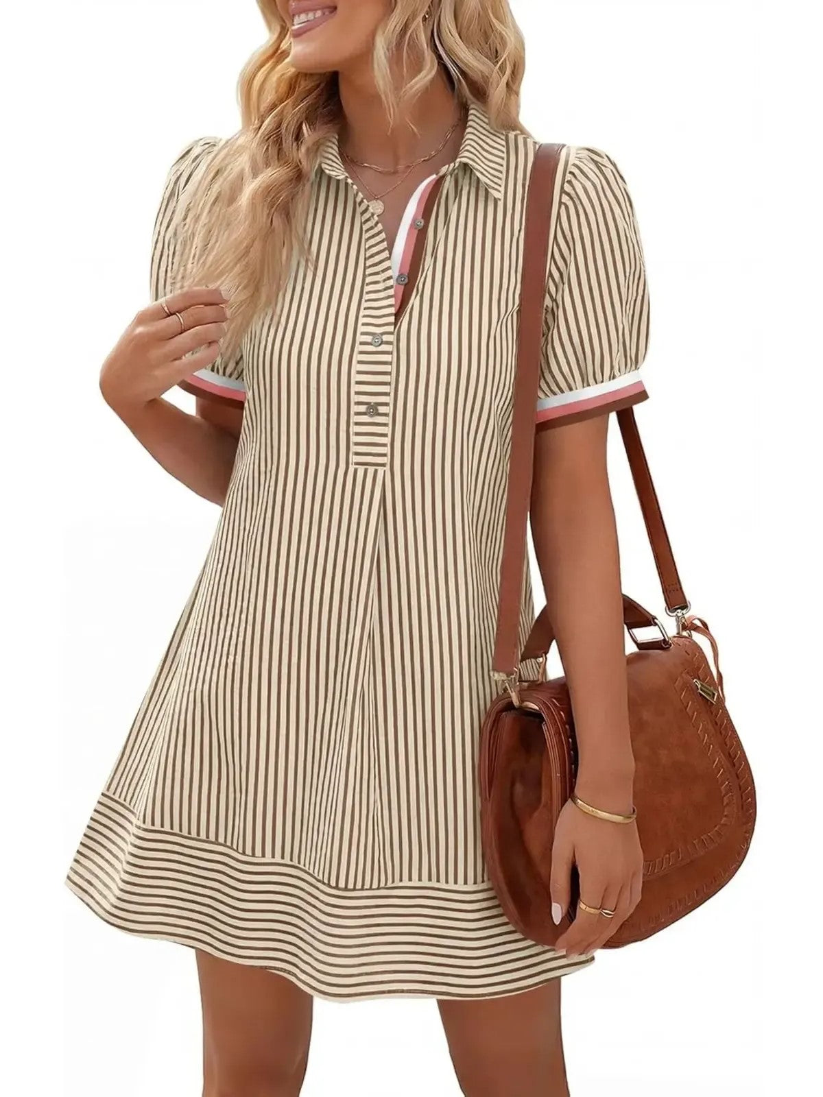 Women's Striped Collared Puff Sleeve Mini Shirt Dress