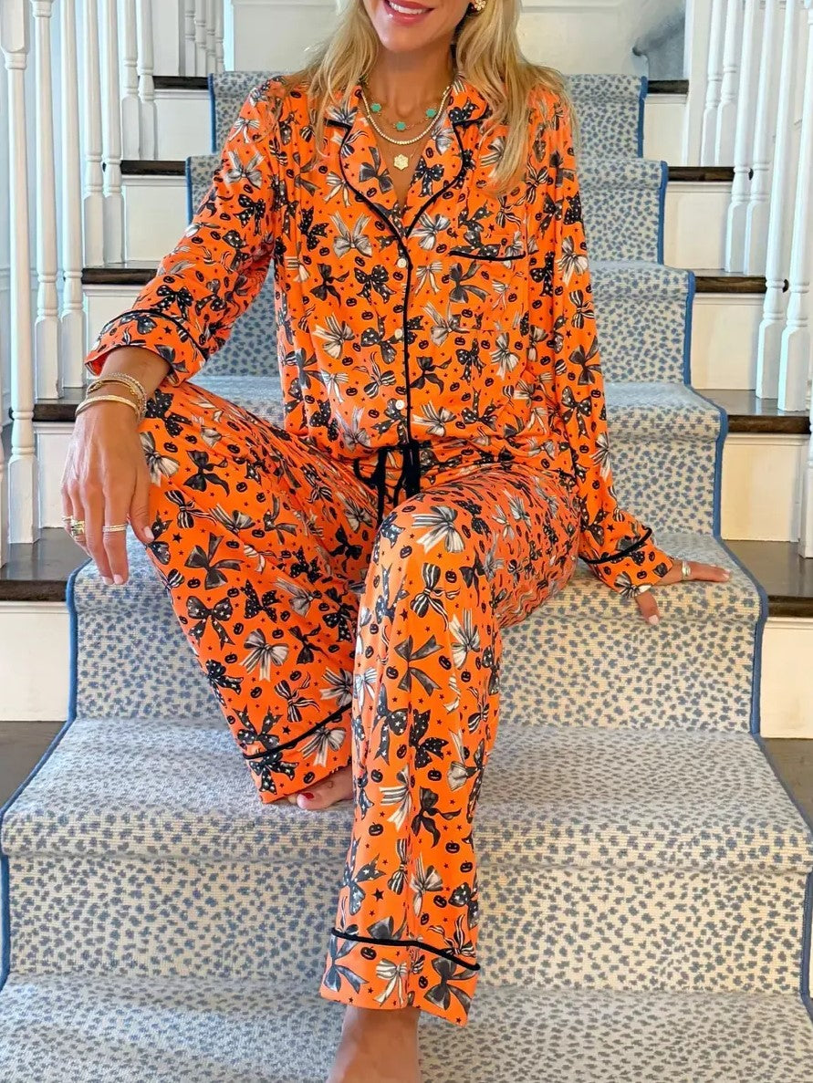 Halloween Bow Pattern Loungewear Two‑Piece Set