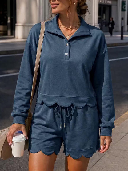 Women's Scallop Hem Half Zip Sweatshirt Shorts Set