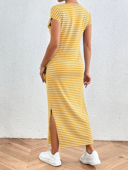 Women's Waist Slim Striped Slit Maxi Dress