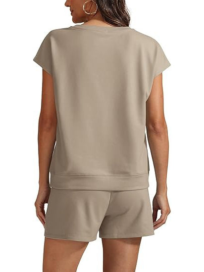 Women's 2-Piece Crew Neck Cap Sleeve Short Set with Pocket