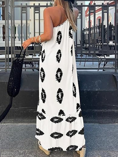 One-Shoulder Printed Flowy Boho Beach Vacation Maxi Dress