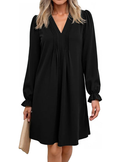 Women's V Neck Long Sleeve Ruffle Classic Dress