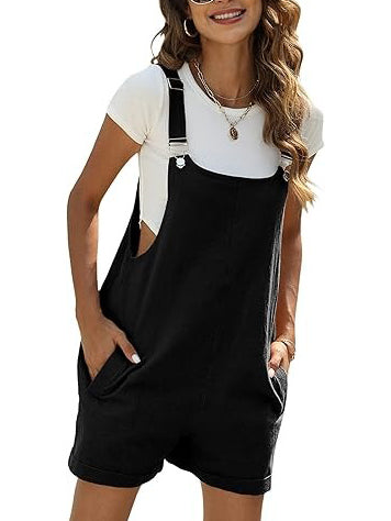 Women's Cotton Linen Short Overalls with Pockets