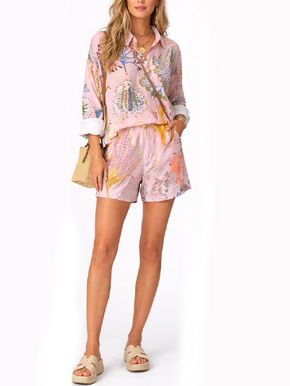 Women's Summer Tropical Print Shirt and Shorts Set