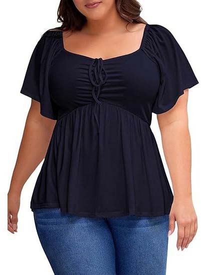Womens Flutter Short Sleeve Shirred Peplum Plus Size Top