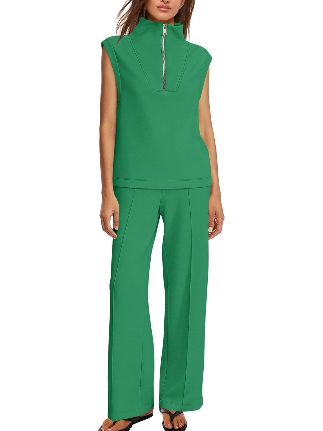 Women's Sleeveless Half Zip Top & Wide Leg Pants Set