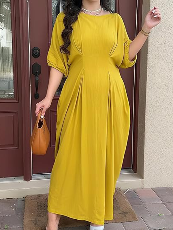 Women's Crew Neck Batwing Sleeve Pleated Midi Dress