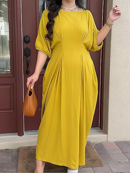 Women's Crew Neck Batwing Sleeve Pleated Midi Dress