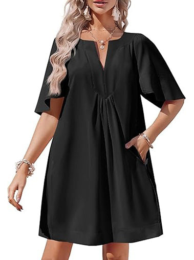 Women's Loose Fit V-Neck Pleated Short Sleeve Dress