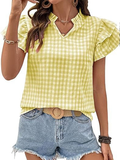 Women's Gingham V Neck Ruffle Sleeve Blouse