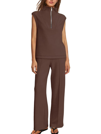 Women's Sleeveless Half Zip Top & Wide Leg Pants Set