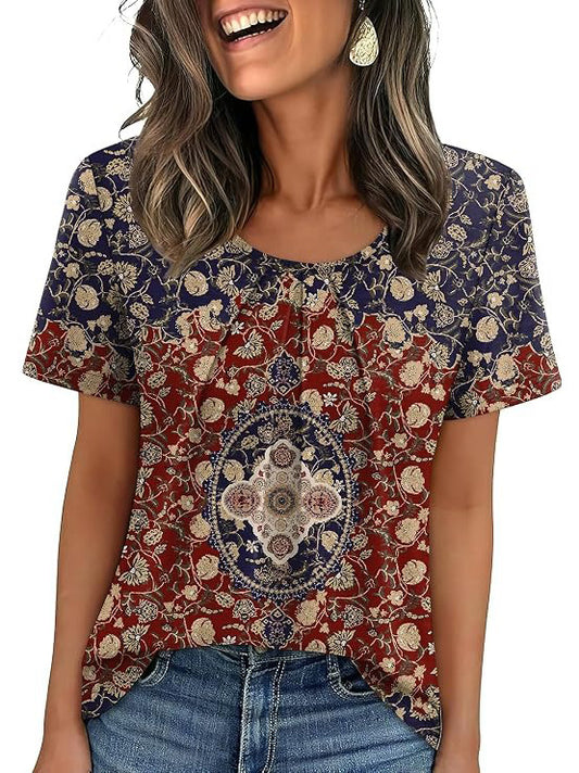 Summer Pleated Neck Short Sleeve Loose Casual Blouse